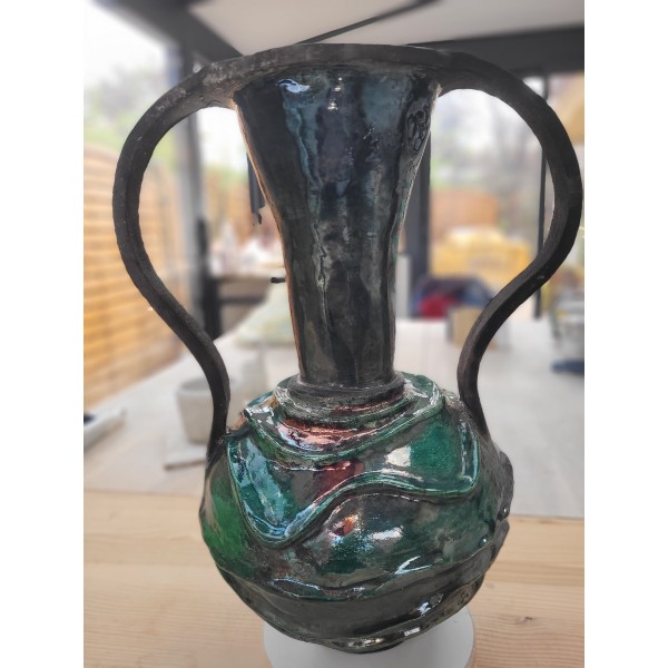 Vase Raku unique émeraude