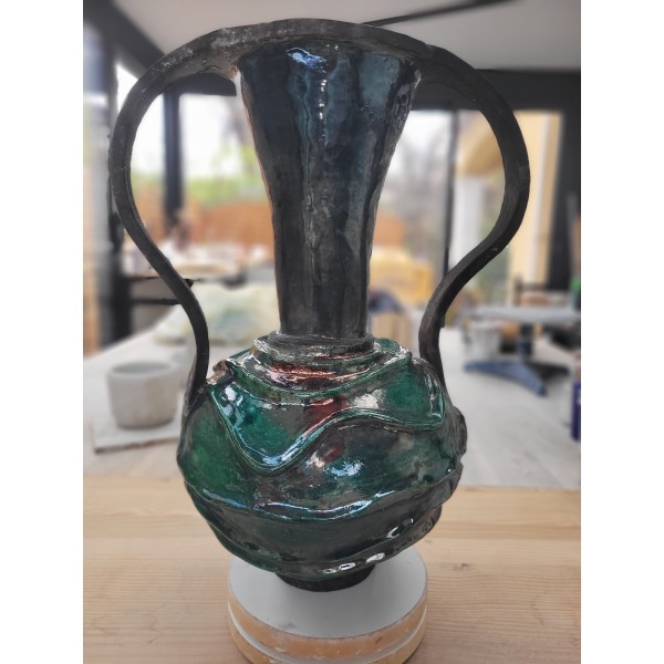 Vase Raku unique émeraude