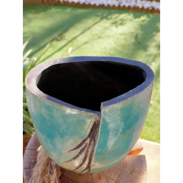 Vase unique céramique raku bleu