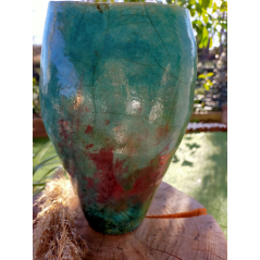 Vase unique céramique raku bleu