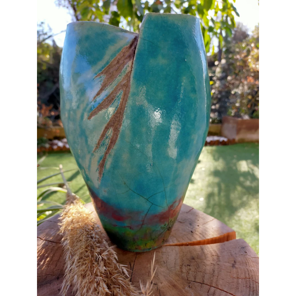 Vase unique céramique raku bleu