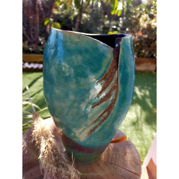 Vase unique céramique raku bleu