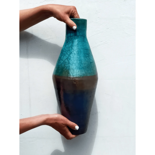 Vase unique céramique raku bleu collection "entre terre et mer"