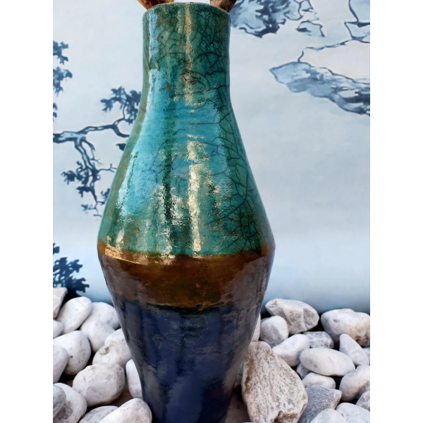 Vase unique céramique raku bleu collection "entre terre et mer"