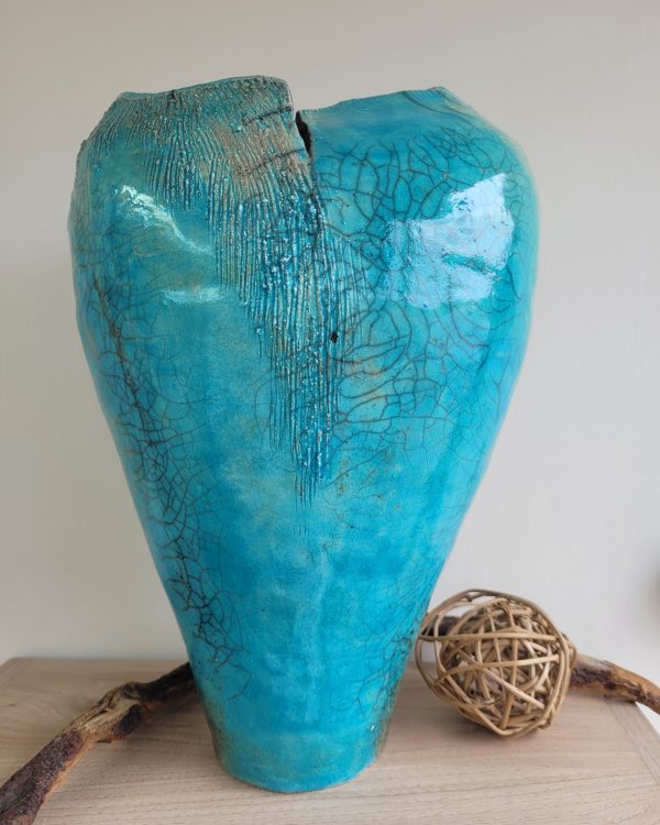 Vase raku turquoise unique en grès | Flozraku