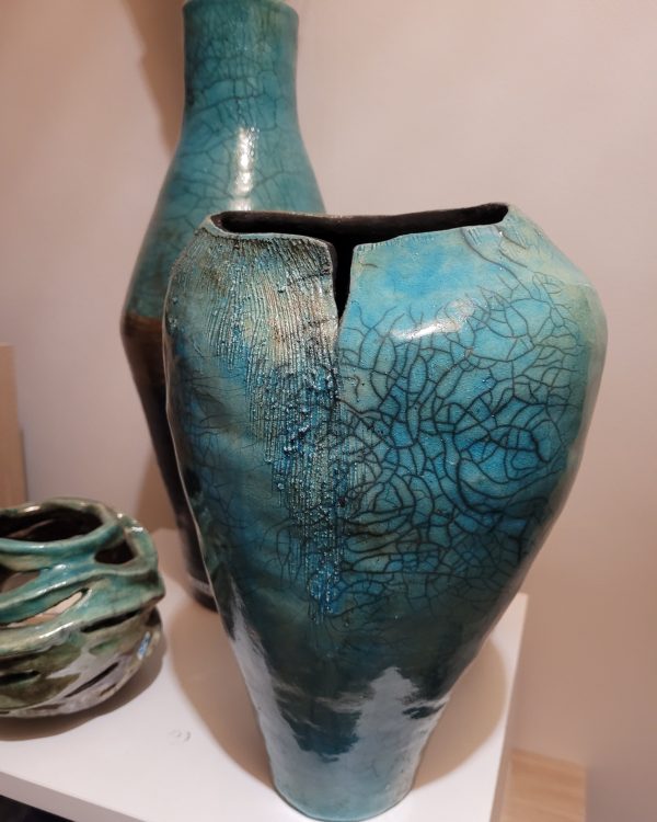 Vase raku turquoise unique en grès | Flozraku