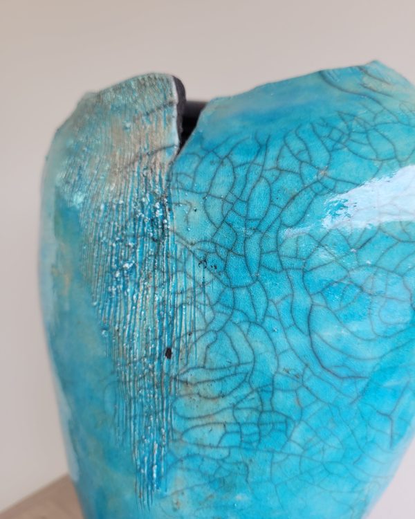 Vase raku turquoise unique en grès | Flozraku