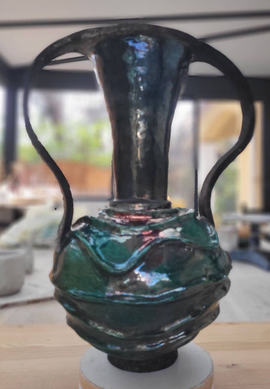 Vase raku émeraude unique | Flozraku
