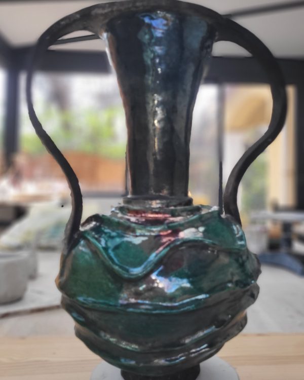 Vase raku émeraude unique | Flozraku