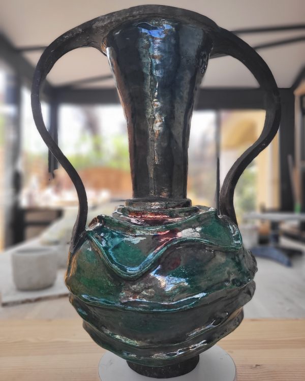 Vase raku émeraude unique | Flozraku