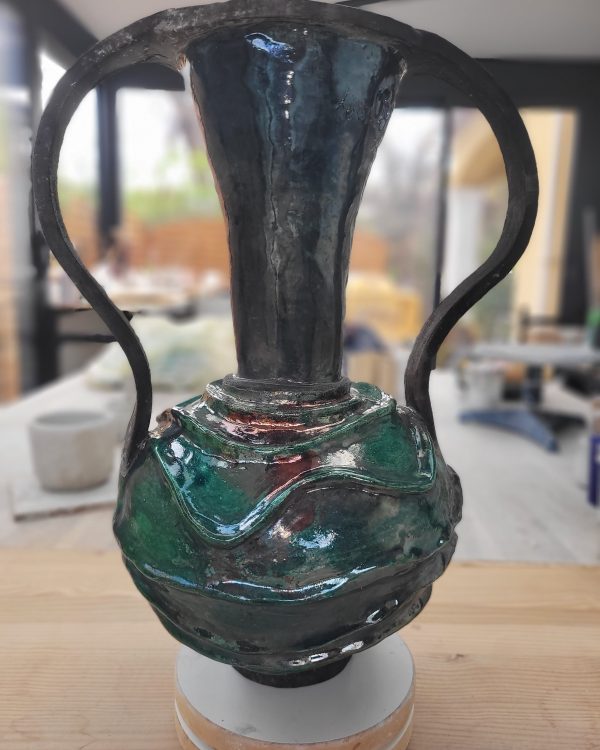 Vase raku émeraude unique | Flozraku